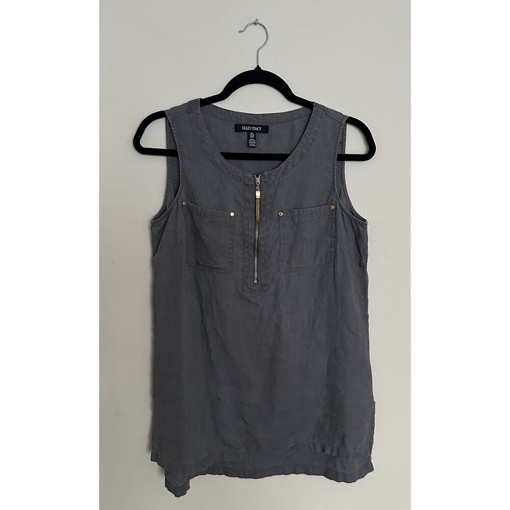 Ellen Tracy 100% Linen Top Size S Gray Gold Zip Tunic Tank - Picture 4 of 14